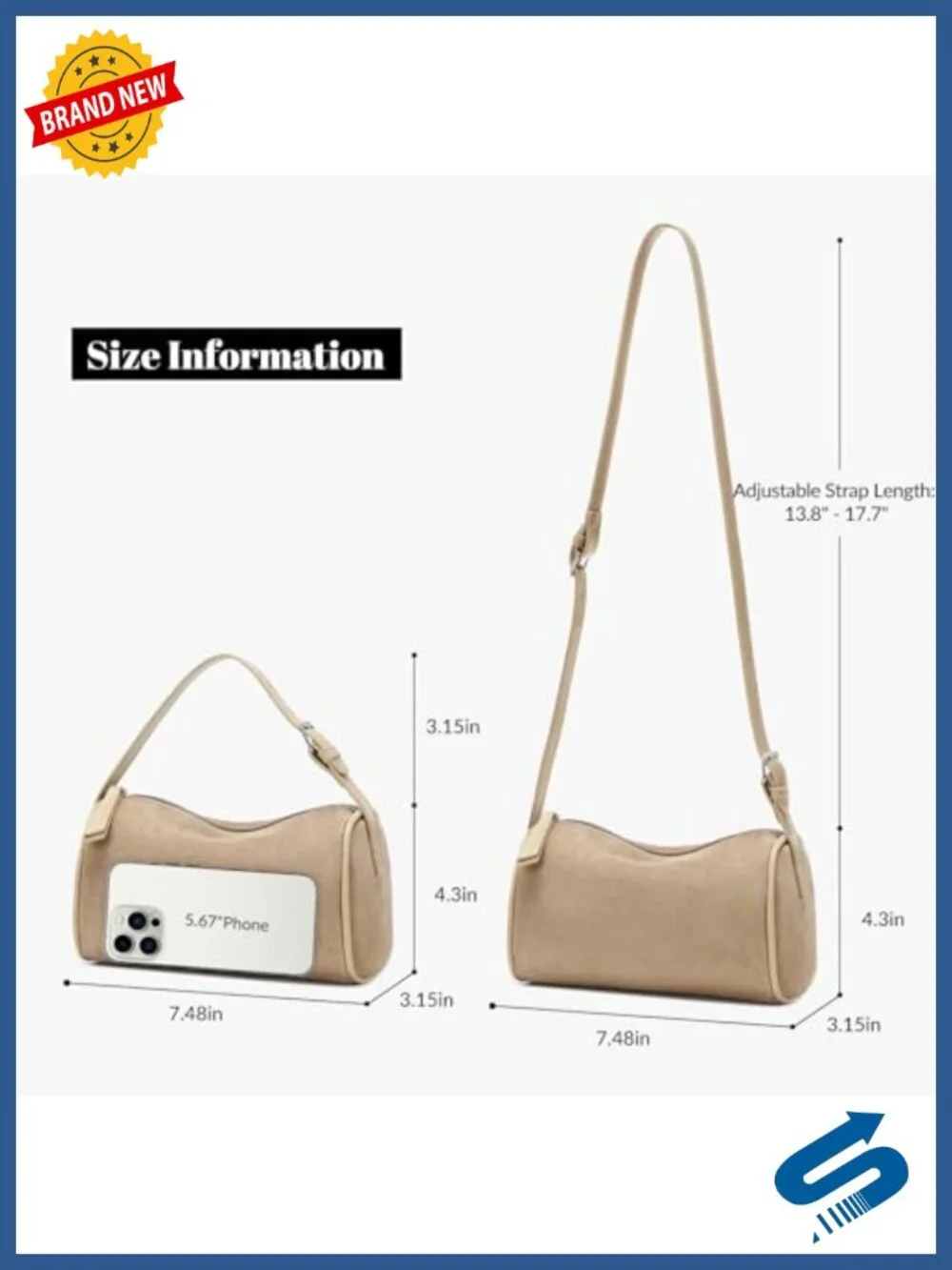 Faux Suede Crossbody Bag - Small Barrel Hobo Purse with Adjustable Strap